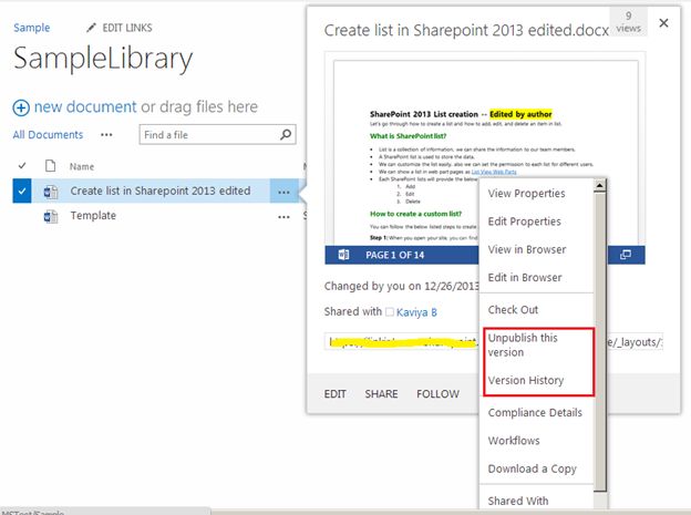 Version History option